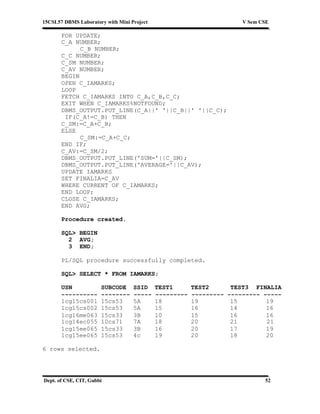 15CSL57 DBMS Laboratory with Mini Project V Sem CSE
Dept. of CSE, CIT, Gubbi 52
FOR UPDATE;
C_A NUMBER;
C_B NUMBER;
C_C NUMBER;
C_SM NUMBER;
C_AV NUMBER;
BEGIN
OPEN C_IAMARKS;
LOOP
FETCH C_IAMARKS INTO C_A,C_B,C_C;
EXIT WHEN C_IAMARKS%NOTFOUND;
DBMS_OUTPUT.PUT_LINE(C_A||' '||C_B||' '||C_C);
IF(C_A!=C_B) THEN
C_SM:=C_A+C_B;
ELSE
C_SM:=C_A+C_C;
END IF;
C_AV:=C_SM/2;
DBMS_OUTPUT.PUT_LINE('SUM='||C_SM);
DBMS_OUTPUT.PUT_LINE('AVERAGE='||C_AV);
UPDATE IAMARKS
SET FINALIA=C_AV
WHERE CURRENT OF C_IAMARKS;
END LOOP;
CLOSE C_IAMARKS;
END AVG;
Procedure created.
SQL> BEGIN
2 AVG;
3 END;
PL/SQL procedure successfully completed.
SQL> SELECT * FROM IAMARKS;
USN SUBCODE SSID TEST1 TEST2 TEST3 FINALIA
---------- -------- ----- --------- --------- --------- -----
1cg15cs001 15cs53 5A 18 19 15 19
1cg15cs002 15cs53 5A 15 16 14 16
1cg16me063 15cs33 3B 10 15 16 16
1cg14ec055 10cs71 7A 18 20 21 21
1cg15ee065 15cs33 3B 16 20 17 19
1cg15ee065 15cs53 4c 19 20 18 20
6 rows selected.
 
