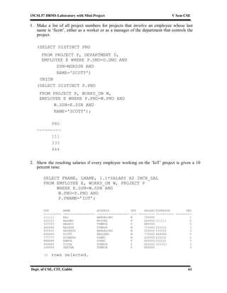 15CSL57 DBMS Laboratory with Mini Project V Sem CSE
Dept. of CSE, CIT, Gubbi 61
1. Make a list of all project numbers for projects that involve an employee whose last
name is ‘Scott’, either as a worker or as a manager of the department that controls the
project.
(SELECT DISTINCT PNO
FROM PROJECT P, DEPARTMENT D,
EMPLOYEE E WHERE P.DNO=D.DNO AND
SSN=MGRSSN AND
NAME='SCOTT')
UNION
(SELECT DISTINCT P.PNO
FROM PROJECT P, WORKS_ON W,
EMPLOYEE E WHERE P.PNO=W.PNO AND
W.SSN=E.SSN AND
NAME='SCOTT');
PNO
---------
111
333
444
2. Show the resulting salaries if every employee working on the ‘IoT’ project is given a 10
percent raise.
SELECT FNAME, LNAME, 1.1*SALARY AS INCR_SAL
FROM EMPLOYEE E, WORKS_ON W, PROJECT P
WHERE E.SSN=W.SSN AND
W.PNO=P.PNO AND
P.PNAME=’IOT’;
SSN NAME ADDRESS SEX SALARY SUPERSSN DNO
---------- ------------------ ------------------ --- --------- ---------- ---------
111111 RAJ BENGALURU M 700000 1
222222 RASHMI MYSORE F 440000 111111 2
333333 RAGAVI TUMKUR F 880000 3
444444 RAJESH TUMKUR M 715000 333333 3
555555 RAVEESH BENGALURU M 500000 333333 3
666666 SCOTT ENGLAND M 770000 444444 5
777777 NIGANTH GUBBI M 200000 222222 2
888888 RAMYA GUBBI F 400000 222222 3
999999 VIDYA TUMKUR F 650000 333333 3
100000 GEETHA TUMKUR F 800000 3
10 rows selected.
 