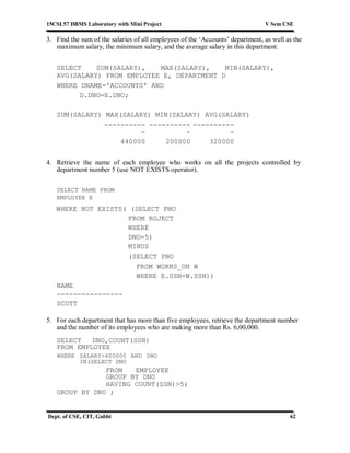 15CSL57 DBMS Laboratory with Mini Project V Sem CSE
Dept. of CSE, CIT, Gubbi 62
3. Find the sum of the salaries of all employees of the ‘Accounts’ department, as well as the
maximum salary, the minimum salary, and the average salary in this department.
SELECT SUM(SALARY), MAX(SALARY), MIN(SALARY),
AVG(SALARY) FROM EMPLOYEE E, DEPARTMENT D
WHERE DNAME='ACCOUNTS' AND
D.DNO=E.DNO;
SUM(SALARY) MAX(SALARY) MIN(SALARY) AVG(SALARY)
-
-
-
-
-
-
-
-
-
-
-
----------
-
----------
-
----------
-
6
4
0
0
0
0
440000 200000 320000
4. Retrieve the name of each employee who works on all the projects controlled by
department number 5 (use NOT EXISTS operator).
SELECT NAME FROM
EMPLOYEE E
WHERE NOT EXISTS( (SELECT PNO
FROM ROJECT
WHERE
DNO=5)
MINUS
(SELECT PNO
FROM WORKS_ON W
WHERE E.SSN=W.SSN))
NAME
----------------
SCOTT
5. For each department that has more than five employees, retrieve the department number
and the number of its employees who are making more than Rs. 6,00,000.
SELECT DNO,COUNT(SSN)
FROM EMPLOYEE
WHERE SALARY>600000 AND DNO
IN(SELECT DNO
FROM EMPLOYEE
GROUP BY DNO
HAVING COUNT(SSN)>5)
GROUP BY DNO ;
 