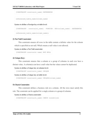 15CSL57 DBMS Laboratory with Mini Project V Sem CSE
Dept. of CSE, CIT, Gubbi 4
[CONSTRAINT constraint_name] REFERENCES
referenced_table_name(column_name)
Syntax to define a Foreign key at table level:
[CONSTRAINT constraint_name] FOREIGN KEY(column_name) REFERENCES
referenced_table_name(column_name);
3) Not Null Constraint:
This constraint ensures all rows in the table contain a definite value for the column
which is specified as not null. Which means a null value is not allowed.
Syntax to define a Not Null constraint:
[CONSTRAINT constraint name] NOT NULL
4) Unique Key:
This constraint ensures that a column or a group of columns in each row have a
distinct value. A column(s) can have a null value but the values cannot be duplicated.
Syntax to define a Unique key at column level:
[CONSTRAINT constraint_name] UNIQUE
Syntax to define a Unique key at table level:
[CONSTRAINT constraint_name] UNIQUE(column_name)
5) Check Constraint:
This constraint defines a business rule on a column. All the rows must satisfy this
rule. The constraint can be applied for a single column or a group of columns.
Syntax to define a Check constraint:
[CONSTRAINT constraint_name] CHECK (condition)
 
