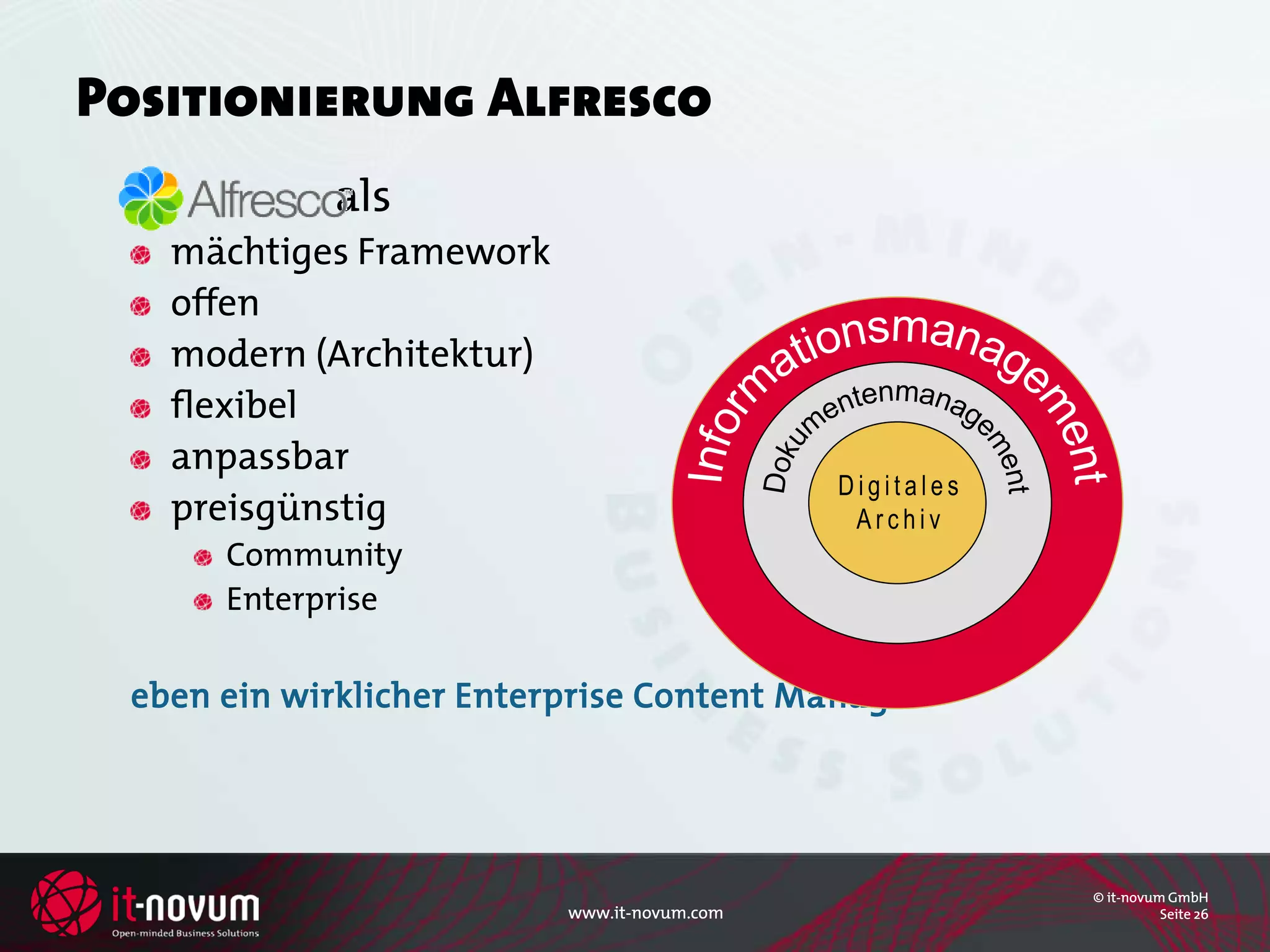 Positionierung Alfresco
            als
   mächtiges Framework
   offen
   modern (Architektur)
   flexibel
   anpassbar
   preisgünstig
      Community
      Enterprise

 eben ein wirklicher Enterprise Content Manager




                                                  © it-novum GmbH
                          www.it-novum.com                  Seite 26
 