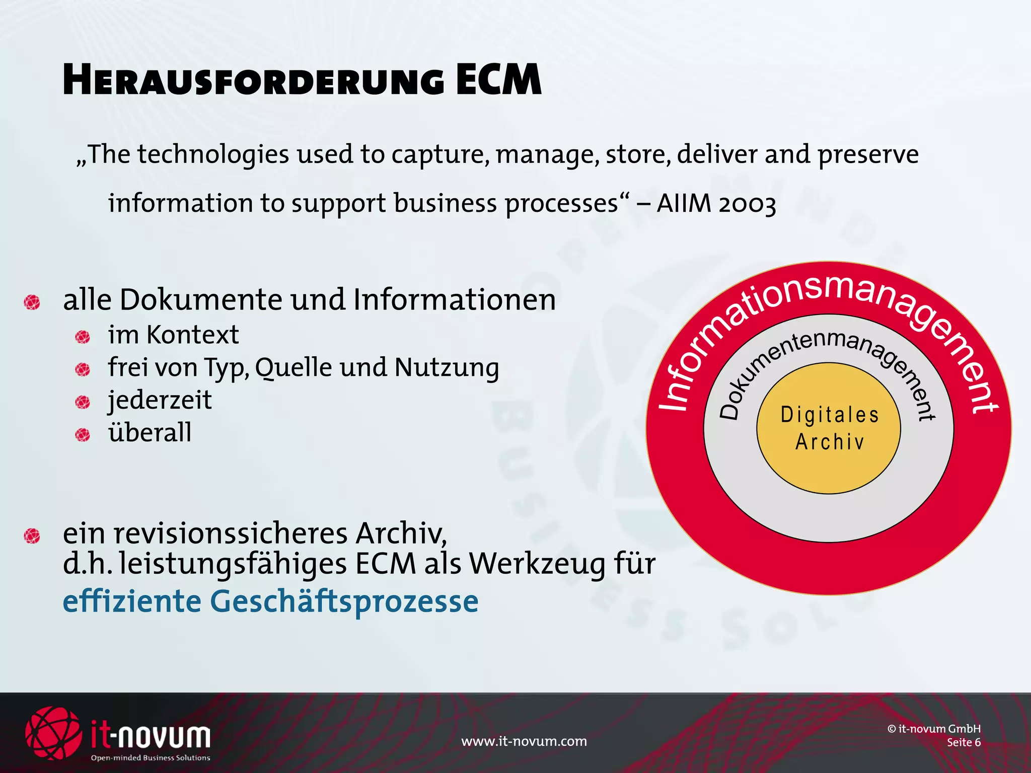 Herausforderung ECM
„The technologies used to capture, manage, store, deliver and preserve
   information to support business processes“ – AIIM 2003


alle Dokumente und Informationen
   im Kontext
   frei von Typ, Quelle und Nutzung
   jederzeit
   überall


ein revisionssicheres Archiv,
d.h. leistungsfähiges ECM als Werkzeug für
effiziente Geschäftsprozesse


                                                                   © it-novum GmbH
                               www.it-novum.com                              Seite 6
 