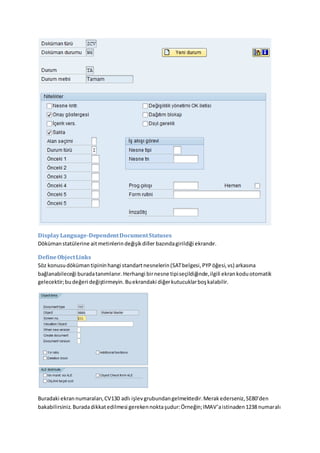 DisplayLanguage-DependentDocumentStatuses
Dökümanstatülerine aitmetinlerindeğişikdiller bazındagirildiği ekrandır.
DefineObjectLinks
Söz konusudökümantipininhangi standartnesnelerin(SATbelgesi,PYPöğesi,vs) arkasına
bağlanabileceği buradatanımlanır. Herhangi birnesne tipiseçildiğinde,ilgili ekrankoduotomatik
gelecektir;budeğeri değiştirmeyin. Buekrandaki diğerkutucuklarboşkalabilir.
Buradaki ekrannumaraları,CV130 adlı işlevgrubundangelmektedir.Merakederseniz,SE80’den
bakabilirsiniz. Buradadikkatedilmesi gerekennoktaşudur:Örneğin;IMAV’aistinaden1238 numaralı
 
