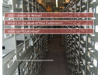 2010	
  –	
  BeIer	
  or	
  Worse?	
  

What’s	
  in	
  the	
  Head	
  of	
  Your	
  Customers?	
  

What’s	
  in	
  YOUR	
  Head?	
  




 Photo	
  source	
  =	
  hIp://www.ﬂickr.com/photos/mcfarlandmo/3274597033/	
  
 