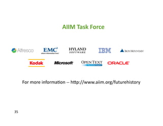 AIIM	
  Task	
  Force	
  


           Understanding	
  Markets	
  in	
  Transi,on	
  


         For	
  more	
  informaFon	
  -­‐-­‐	
  hIp://www.aiim.org/futurehistory	
  




35	
  
 