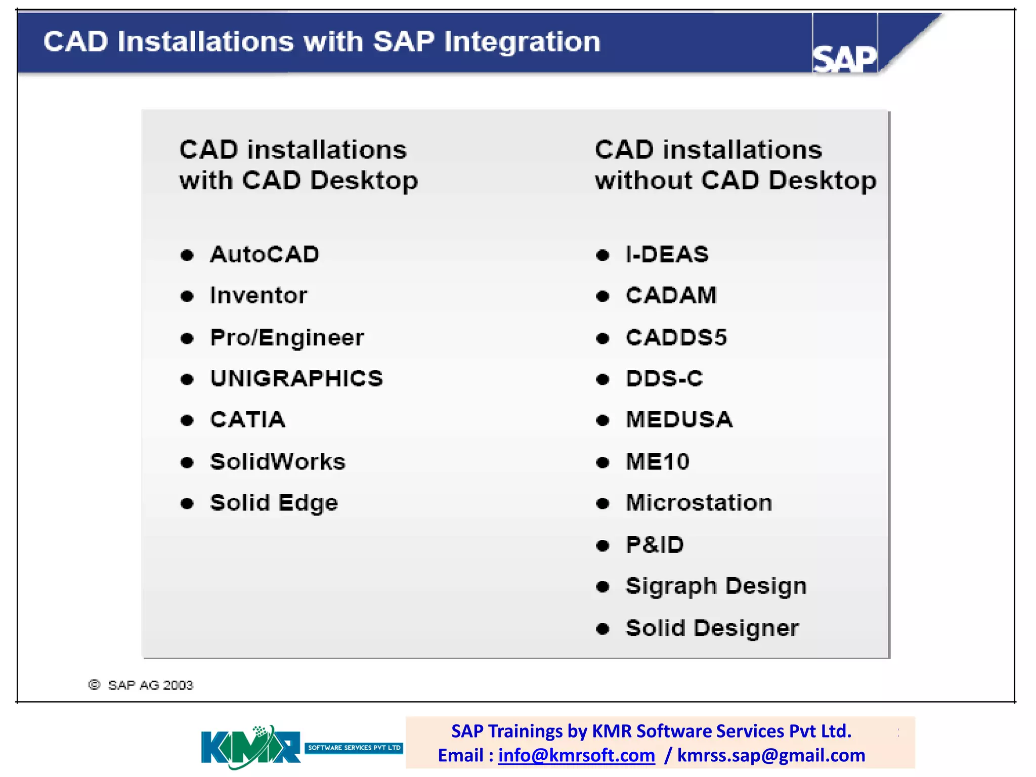 SAP PP /Trainings by email: Software Services Pvt Ltd. Email :
SAP PLM training; KMR Software Services Pvt Ltd.
SAP Trainings by KMR
raghava.sap0@gmail.com
Email info@kmrsoft.com / / kmrss.sap@gmail.com
: info@kmrsoft.com kmrss.sap@gmail.com

 