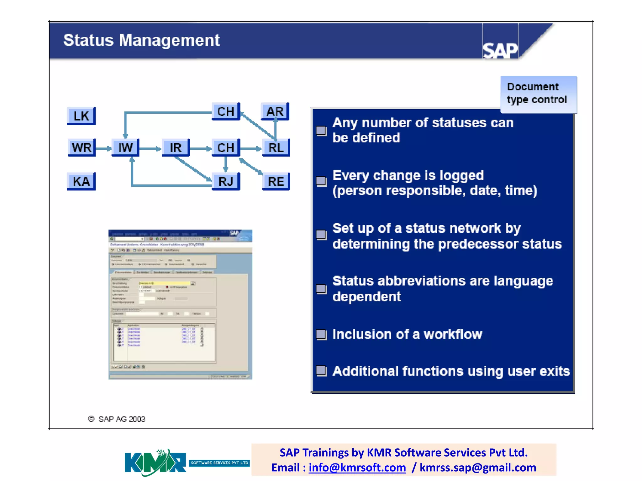 SAP PP / PLM training; email: Software Services Pvt Ltd.
SAP Trainings by KMR
raghava.sap0@gmail.com
Email : info@kmrsoft.com / kmrss.sap@gmail.com

 