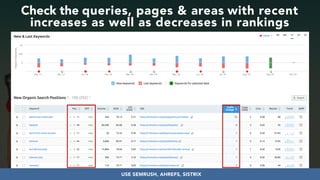 #seoauditsgrowth at #dmss by @aleyda from @orainti
Check the queries, pages & areas with recent
increases as well as decreases in rankings
USE SEMRUSH, AHREFS, SISTRIX
 