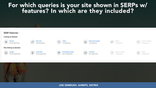 #seoauditsgrowth at #dmssconference by @aleyda from @orainti
For which queries is your site shown in SERPs w/
features? In which are they included?
USE SEMRUSH, AHREFS, SISTRIX
 