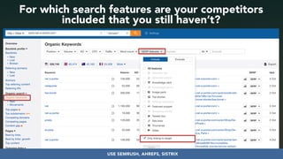 #seoauditsgrowth at #dmssconference by @aleyda from @orainti
For which search features are your competitors
included that you still haven’t?
USE SEMRUSH, AHREFS, SISTRIX
 