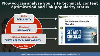 #seoauditsgrowth at #dmssconference by @aleyda from @orainti
Links
POPULARITY
Content
RELEVANCE
 
Technical Conﬁguration
CRAWLABILITY & INDEXABILITY
Your Site
Now you can analyze your site technical, content
optimization and link popularity status
https://www.searchenginejournal.com/the-ultimate-seo-audit-checklist/196993/
 