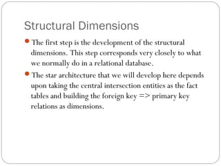 Structural Dimensions
The first step is the development of the structural
dimensions. This step corresponds very closely to what
we normally do in a relational database.
The star architecture that we will develop here depends
upon taking the central intersection entities as the fact
tables and building the foreign key => primary key
relations as dimensions.
 