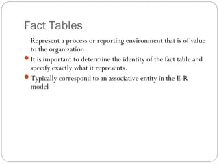 Fact Tables
Represent a process or reporting environment that is of value
to the organization
It is important to determine the identity of the fact table and
specify exactly what it represents.
Typically correspond to an associative entity in the E-R
model
 