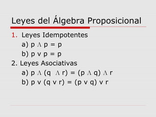 Leyes del Álgebra Proposicional
1. Leyes Idempotentes
a) p Л p = p
b) p v p = p
2. Leyes Asociativas
a) p Л (q Л r) = (p Л q) Л r
b) p v (q v r) = (p v q) v r
 