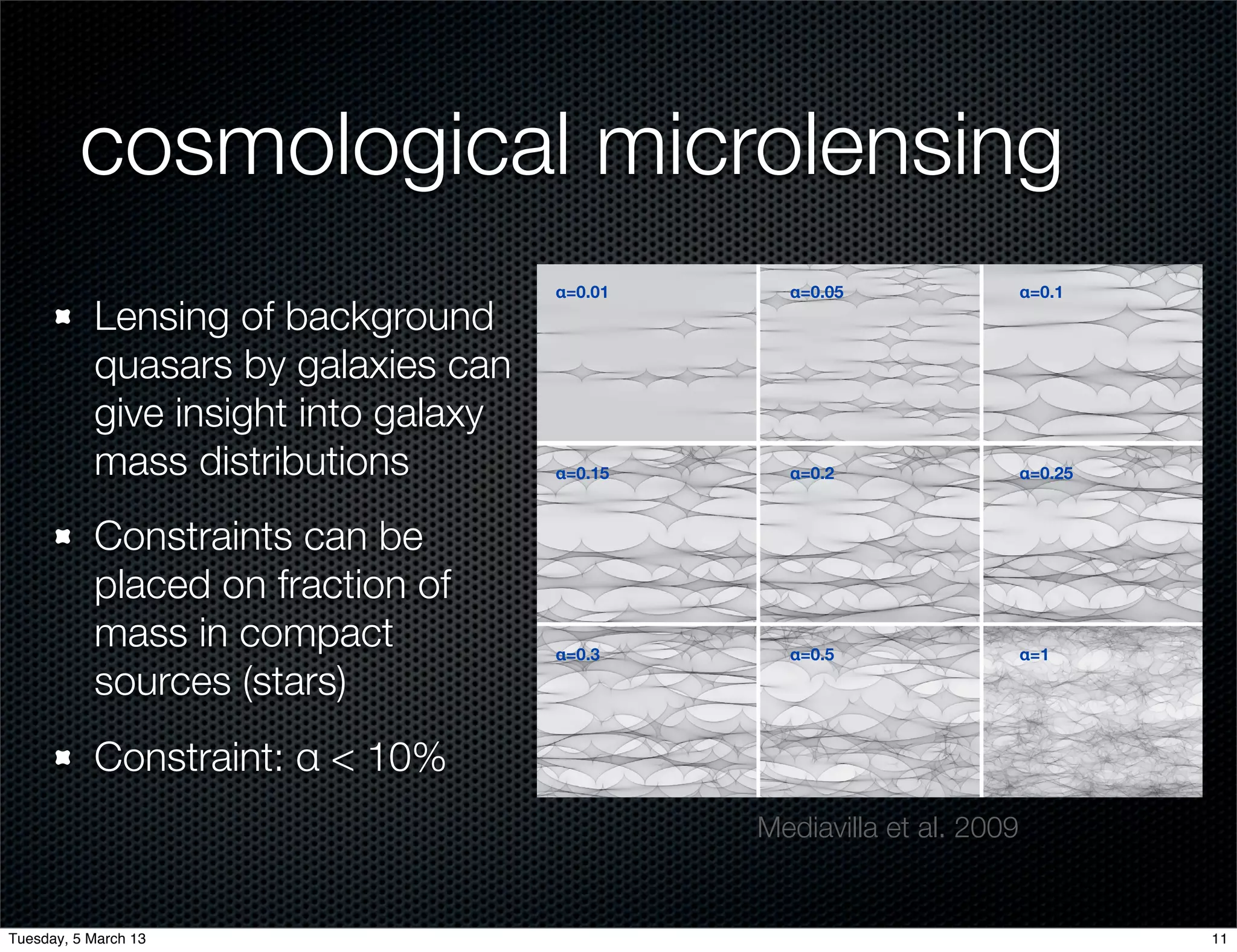 cosmological microlensing
                                      1454                                                              MEDIAVILLA ET AL.                                                                   Vol. 706


                                             α=0.01                                                α=0.05                                                α=0.1
           Lensing of background
           quasars by galaxies can
           give insight into galaxy
           mass distributions                α=0.15                                                α=0.2                                                 α=0.25



           Constraints can be
           placed on fraction of
           mass in compact                   α=0.3                                                 α=0.5                                                 α=1

           sources (stars)
           Constraint: α < 10%
                                      Figure 2. Example of magniﬁcation maps for the case κ = γ = 0.45. From top to bottom and from left to right, maps correspond to α = 0.01, 0.05, 0.10, 0.15, 0.20,
                                      0.25, 0.30, 0.50, 1.00.
                                                                                            Mediavilla et al. 2009
                                      2. OBSERVED MICROLENSING MAGNIFICATIONS AND                                            For some of the image pairs (∼30% of the sample) there
                                                   MACRO-LENS MODELS                                                      are mid-IR ﬂux ratios available. Except for one system, SDSS
                                                                                                                          J1004+4112 (where image C is probably affected by extinction,
                                         We collected the data, ∆m (see Equation (4)), examining all                               ´
                                                                                                                          G´ mez-Alvarez et al. 2006), they are in very good agreement
                                                                                                                            o
                                      the optical spectroscopy5 found in the literature (see Table 1). In                 with the emission-line ﬂux ratios (see Table 2). The average
                                      most cases, the microlensing magniﬁcation or the scaling of the                     difference between mid-IR and emission line ﬂux ratios is only
Tuesday, 5 March 13                   emission line ratio with respect to the continuum ratio are di-                                                                                  11
 