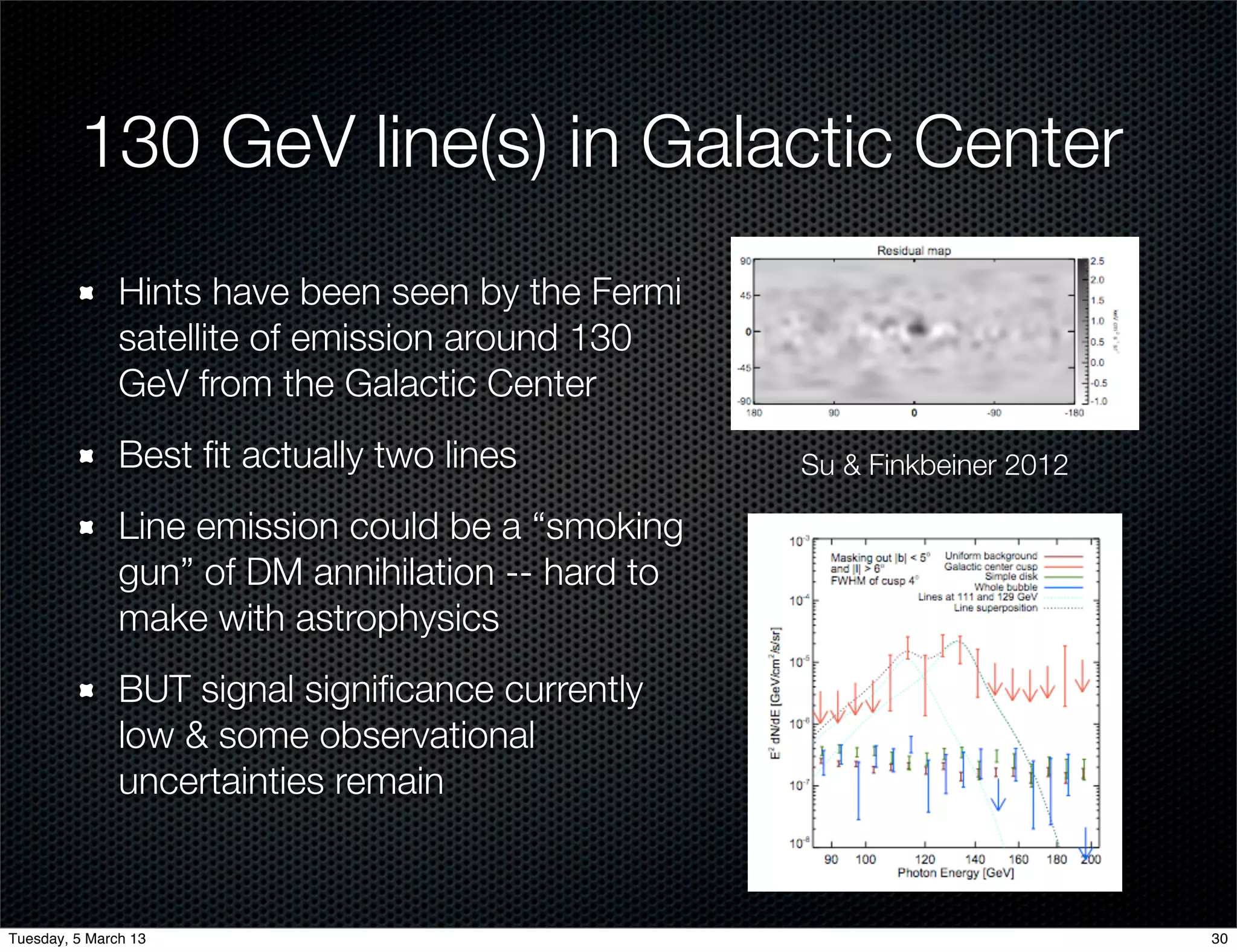 130 GeV line(s) in Galactic Center
               Hints have been seen by the Fermi
               satellite of emission around 130
               GeV from the Galactic Center
               Best ﬁt actually two lines           Su & Finkbeiner 2012

               Line emission could be a “smoking
               gun” of DM annihilation -- hard to
               make with astrophysics
               BUT signal signiﬁcance currently
               low & some observational
               uncertainties remain


Tuesday, 5 March 13                                                        30
 