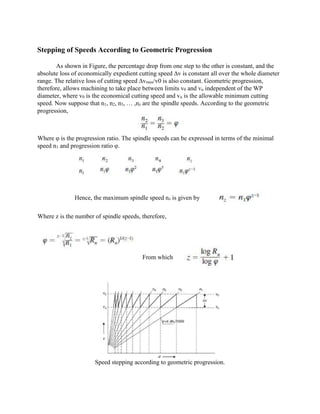 Stepping of Speeds According to Geometric Progression
As shown in Figure, the percentage drop from one step to the other is constant, and the
absolute loss of economically expedient cutting speed ∆v is constant all over the whole diameter
range. The relative loss of cutting speed ∆vmax/v0 is also constant. Geometric progression,
therefore, allows machining to take place between limits v0 and vu independent of the WP
diameter, where v0 is the economical cutting speed and vu is the allowable minimum cutting
speed. Now suppose that n1, n2, n3, … ,nz are the spindle speeds. According to the geometric
progression,
Where φ is the progression ratio. The spindle speeds can be expressed in terms of the minimal
speed n1 and progression ratio φ.
Where z is the number of spindle speeds, therefore,
Speed stepping according to geometric progression.
Hence, the maximum spindle speed nz is given by
From which
 