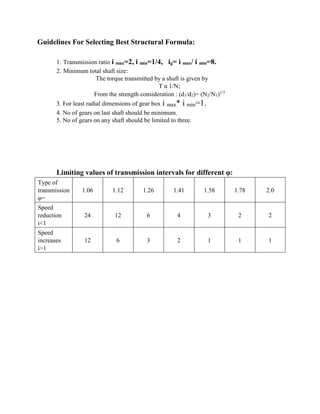 Guidelines For Selecting Best Structural Formula:
1. Transmission ratio i max=2, i min=1/4, ig= i max/ i min=8.
2. Minimum total shaft size:
The torque transmitted by a shaft is given by
T α 1/N;
From the strength consideration : (d1/d2)= (N2/N1)1/3
3. For least radial dimensions of gear box i max* i min=1.
4. No of gears on last shaft should be minimum.
5. No of gears on any shaft should be limited to three.
Limiting values of transmission intervals for different φ:
Type of
transmission
φ=
1.06 1.12 1.26 1.41 1.58 1.78 2.0
Speed
reduction
i<1
24 12 6 4 3 2 2
Speed
increases
i>1
12 6 3 2 1 1 1
 