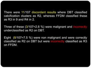 There were 11/107 discordant results where DBT classified
calcification clusters as R2, whereas FFDM classified these
as R3 in 9 and R4 in 2.
Three of these (3/107=2.8 %) were malignant and incorrectly
underclassified as R2 on DBT.
Eight (8/107=7.5 %) were non malignant and were correctly
classified as R2 on DBT but were incorrectly classified as R3
on FFDM.
 