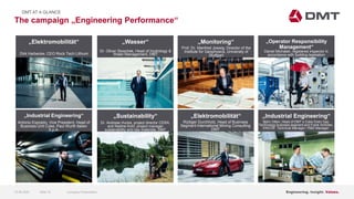 Engineering. Insight. Values.
The campaign „Engineering Performance“
DMT AT A GLANCE
15.06.2020 Company PresentationSlide 10
„Elektromobilität“
Dirk Harbecke, CEO Rock Tech Lithium
„Wasser“
Dr. Oliver Stoschek, Head of Hydrology &
Water Management, DMT
„Industrial Engineering“
„Monitoring“
Prof. Dr. Manfred Joswig, Director of the
Institute for Geophysics, University of
Stuttgart
„Operator Responsibility
Management“
Daniel Michalek, registered inspector in
accordance with building legislation
Antonio Esposito, Vice President, Head of
Business Unit Coke, Paul Wurth Italien
S.p.A.
„Sustainability“
Dr. Andreas Hucke, project director CERA,
and Nadine Kohl, project manager
sustainability and raw materials, DMT
„Elektromobilität“
Rüdiger Durchholz, Head of Business
Segment International Mining Consulting
DMT
„Industrial Engineering“
Björn Otten, Head of DMT´s Coke Oven Gas
Technology business segment and Frank Schlüter,
ENCOS` Technical Manager / R&D Manager
 