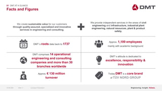 Engineering. Insight. Values.
Facts and Figures
01 DMT AT A GLANCE
We provide independent services in the areas of civil
engineering and infrastructure, industrial plant
engineering, natural resources, plant & product
safety.
We create sustainable value for our customers
through quality-assured, specialized and innovative
services in engineering and consulting.
DMT´s roots date back to 1737
DMT comprises 14 operational
engineering and consulting
companies and more than 30
branches worldwide
Approx. € 130 million
turnover
Approx. 1,100 employees
mainly with academic background
Today DMT is a core brand
of TÜV NORD GROUP
DMT´s attitude is dedicated to
excellence, responsibility &
innovation
15.06.2020 Company PresentationSlide 11
 