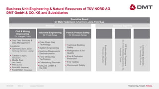 Engineering. Insight. Values.
Business Unit Engineering & Natural Resources of TÜV NORD AG
DMT GmbH & CO. KG and Subsidiaries
15.06.2020 Company PresentationSlide 12
Executive Board
Dr Maik Tiedemann (Chairman), Jens-Peter Lux
Divisions Business Segments
Civil & Mining
Engineering
Dr. Juergen Franz
 Geo Field Services &
Data Management
Locations:
 Germany (Berlin, Essen,
Hamburg, Hannover, Leipzig)
 Canada (Calgary,
Vancouver)
 Middle East
(Abu Dhabi)
 Peru (Lima)
 Australia (Brisbane)
 Kazakhstan (Nursultan)
Industrial Engineering
Dr. Frank Sowa
 Coke Oven Gas
Technology
 System Engineering
 Machine Diagnosis &
Geoinstruments
 Flow Measuring
Technology
 Cokemaking Services
 ENCOS GmbH &
Co. KG
Plant & Product Safety
Dr. Christoph Sinder
 Technical Building
Safety
 Refrigeration & Air
Quality
 Fire & Explosion
Protection
 Fire Testing
 Component Safety
ExplorationSeismic
ThorstenMueller
EEEnergyEngineers
Dr.FrankMichaelBaumann,Dr.
AndreasZiolek
ConsultingServices
Dr.VassilisRoubos
 