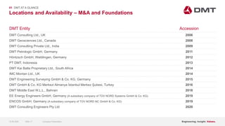 Engineering. Insight. Values.
Locations and Availability – M&A and Foundations
01 DMT AT A GLANCE
DMT Entity Accession
DMT Consulting Ltd., UK 2006
DMT Geosciences Ltd., Canada 2008
DMT Consulting Private Ltd., India 2009
DMT Petrologic GmbH, Germany 2011
Höntzsch GmbH, Waiblingen, Germany 2012
PT DMT, Indonesia 2013
DMT Kai Batla Proprietary Ltd., South Africa 2014
IMC Montan Ltd., UK 2014
DMT Engineering Surveying GmbH & Co. KG, Germany 2015
DMT GmbH & Co. KG Merkezi Almanya İstanbul Merkez Şubesi, Turkey 2016
DMT Middle East W.L.L., Bahrain 2018
EE Energy Engineers GmbH, Germany (A subsidiary company of TÜV NORD Systems GmbH & Co. KG) 2019
ENCOS GmbH, Germany (A subsidiary company of TÜV NORD NC GmbH & Co. KG) 2019
DMT Consulting Engineers Pty Ltd 2020
15.06.2020 Company PresentationSlide 17
 
