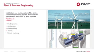Engineering. Insight. Values.
Plant & Process Engineering
02 MARKETS & PROJECTS
Installation and configuration of the online
condition monitoring system WindSafe® for
maintenance and repair of wind turbines
 Pre-Engineering
 Configuration
 Commissioning
 Training
 Remote monitoring
PNE Wind AG
Germany
15.06.2020 Company PresentationSlide 30
 