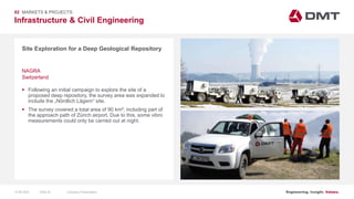 Engineering. Insight. Values.
Infrastructure & Civil Engineering
02 MARKETS & PROJECTS
Site Exploration for a Deep Geological Repository
 Following an initial campaign to explore the site of a
proposed deep repository, the survey area was expanded to
include the „Nördlich Lägern“ site.
 The survey covered a total area of 90 km², including part of
the approach path of Zürich airport. Due to this, some vibro
measurements could only be carried out at night.
NAGRA
Switzerland
15.06.2020 Company PresentationSlide 43
 