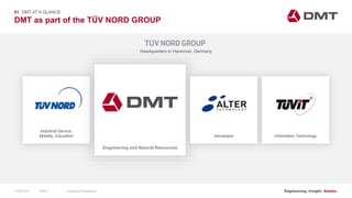 Engineering. Insight. Values.
DMT as part of the TÜV NORD GROUP
01 DMT AT A GLANCE
Headquarters in Hannover, Germany
Industrial Service,
Mobility, Education
Engineering and Natural Resources
Aerospace Information Technology
15.06.2020 Company PresentationSlide 7
 