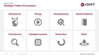 Engineering. Insight. Values.
Geotechnics Nuclear disposal
Strategic Fields of Innovation
04 INNOVATION
WaterTransparency
Energy
Intelligent sensors
Reengineering
Automation
15.06.2020 Company PresentationSlide 70
 