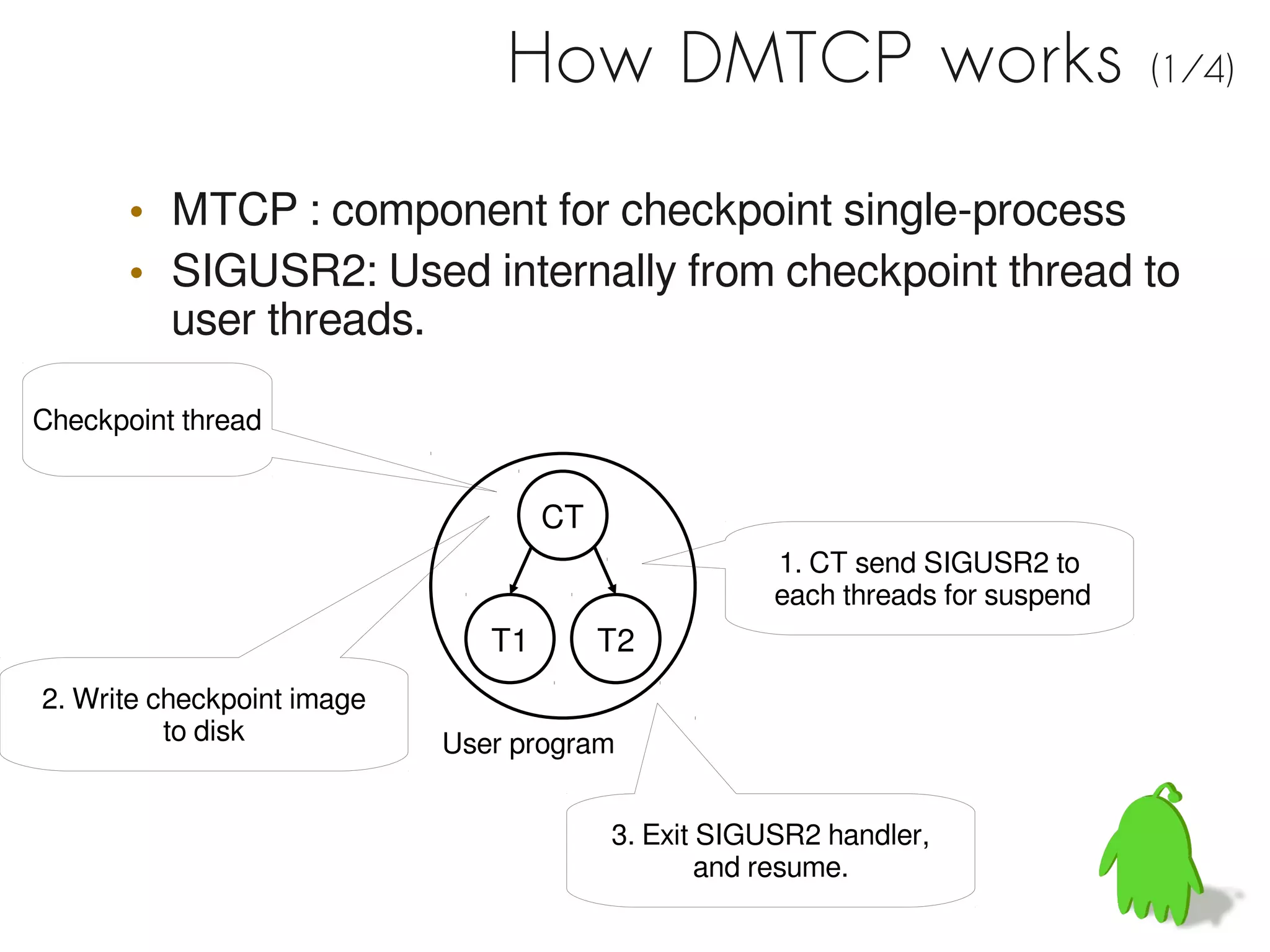 How DMTCP works                                 (1/4)


       • MTCP : component for checkpoint single-process
       • SIGUSR2: Used internally from checkpoint thread to
         user threads.

Checkpoint thread


                                    CT
                                                     1. CT send SIGUSR2 to
                                                     each threads for suspend
                               T1        T2
2. Write checkpoint image
          to disk           User program


                                         3. Exit SIGUSR2 handler,
                                                 and resume.
 