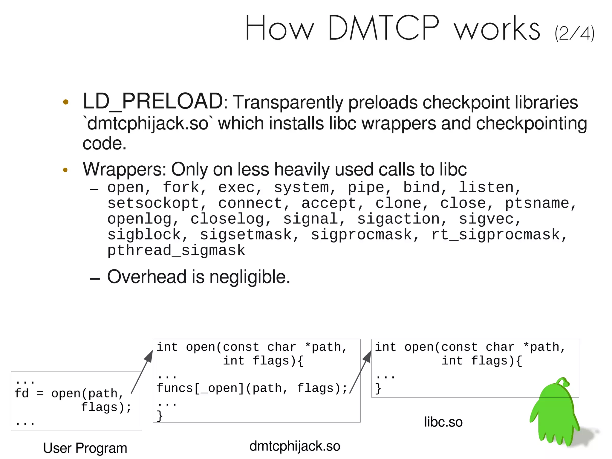 How DMTCP works                           (2/4)


      • LD_PRELOAD: Transparently preloads checkpoint libraries
        `dmtcphijack.so` which installs libc wrappers and checkpointing
        code.
      • Wrappers: Only on less heavily used calls to libc
          – open, fork, exec, system, pipe, bind, listen,
            setsockopt, connect, accept, clone, close, ptsname,
            openlog, closelog, signal, sigaction, sigvec,
            sigblock, sigsetmask, sigprocmask, rt_sigprocmask,
            pthread_sigmask
          – Overhead is negligible.


                   int open(const char *path,   int open(const char *path,
                            int flags){                  int flags){
...                ...                          ...
fd = open(path,    funcs[_open](path, flags);   }
         flags);   ...
                   }
...                                                   libc.so
   User Program                dmtcphijack.so
 
