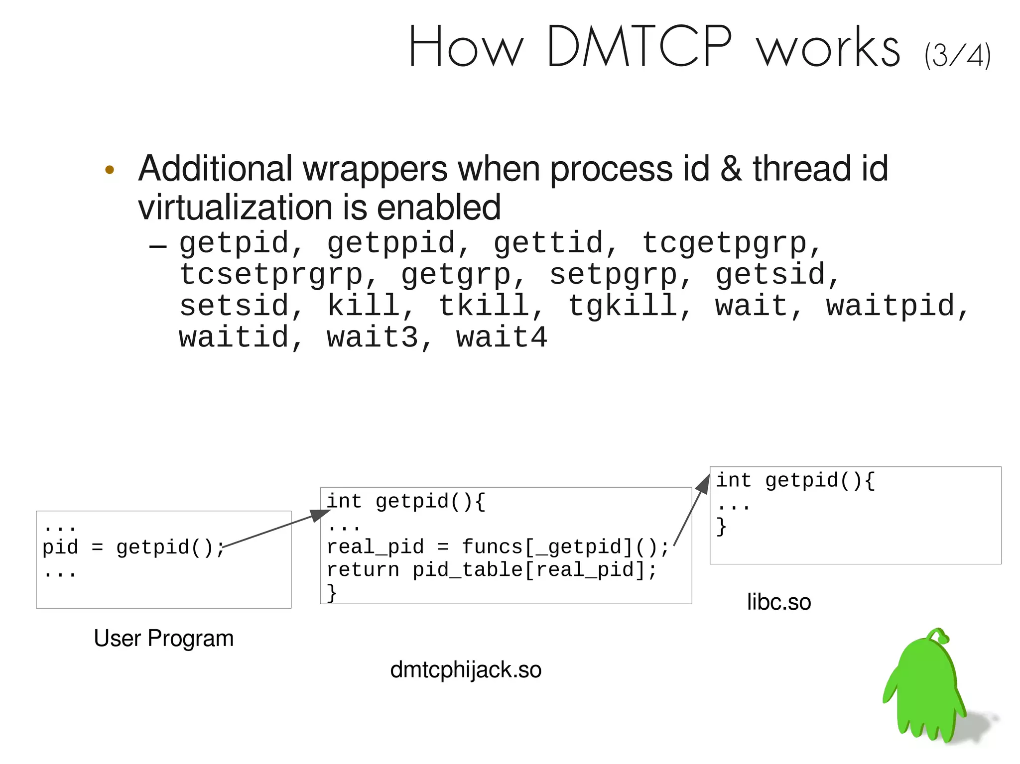 How DMTCP works                          (3/4)


    • Additional wrappers when process id & thread id
      virtualization is enabled
        – getpid, getppid, gettid, tcgetpgrp,
          tcsetprgrp, getgrp, setpgrp, getsid,
          setsid, kill, tkill, tgkill, wait, waitpid,
          waitid, wait3, wait4



                                                  int getpid(){
                   int getpid(){                  ...
...                ...                            }
pid = getpid();    real_pid = funcs[_getpid]();
...                return pid_table[real_pid];
                   }
                                                    libc.so
    User Program
                        dmtcphijack.so
 