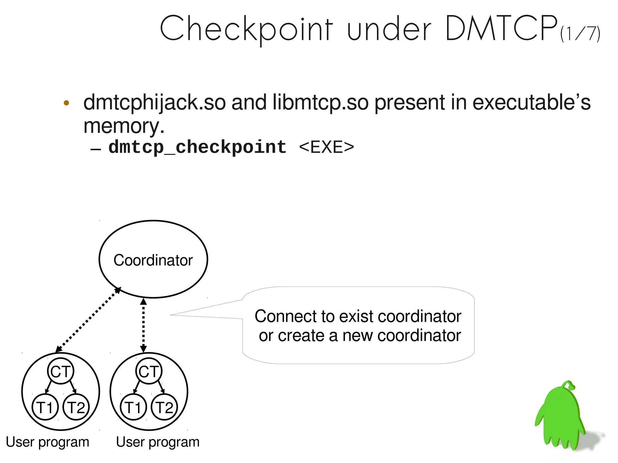 Checkpoint under DMTCP(1/7)

        • dmtcphijack.so and libmtcp.so present in executable’s
          memory.
               – dmtcp_checkpoint <EXE>




                 Coordinator


                                Connect to exist coordinator
                                or create a new coordinator

      CT            CT

    T1 T2         T1 T2

User program     User program
 