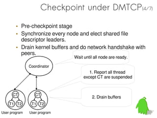 Checkpoint under DMTCP(4/7)

        • Pre-checkpoint stage
        • Synchronize every node and elect shared file
          descriptor leaders.
        • Drain kernel buffers and do network handshake with
          peers.
                               Wait until all node are ready.

               Coordinator
                                       1. Report all thread
                                    except CT are suspended



      CT          CT
                                         2. Drain buffers
    T1 T2       T1 T2

User program   User program
 