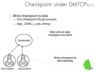 Checkpoint under DMTCP(5/7)

        • Write checkpoint to disk
               – One checkpoint file per process
               – ckpt_<EXE>_<uid>.dmtcp

                                          Wait until all node
                                         checkpoint are done

                 Coordinator




      CT             CT                       Write checkpoint to
                                                disk seprately
    T1 T2          T1 T2

User program      User program
 