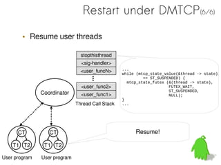 Restart under DMTCP(6/6)

        • Resume user threads

                                stopthisthread
                                <sig-handler>
                                                  ...
                                <user_funcN>      while (mtcp_state_value(&thread -> state)



                                    ...
                                                           == ST_SUSPENDED) {
                                                    mtcp_state_futex (&(thread -> state),
                                <user_func2>                          FUTEX_WAIT,
                                                                      ST_SUSPENDED,
               Coordinator      <user_func1>                          NULL);
                                                  }
                              Thread Call Stack   ...




      CT          CT                                   Resume!

    T1 T2       T1 T2

User program   User program
 