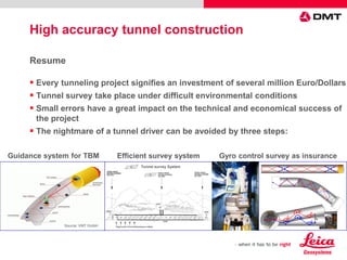 Guidance system for TBM
Source: VMT GmbH
Tunnel survey System
Efficient survey system
Resume
 Every tunneling project signifies an investment of several million Euro/Dollars
 Tunnel survey take place under difficult environmental conditions
 Small errors have a great impact on the technical and economical success of
the project
 The nightmare of a tunnel driver can be avoided by three steps:
High accuracy tunnel construction
QR
Gyro control survey as insurance
α
β1
β2
β3
q QL
β1
β2
β3
 