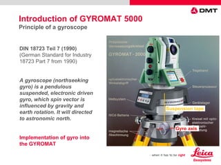 DIN 18723 Teil 7 (1990)
(German Standard for Industry
18723 Part 7 from 1990)
A gyroscope (northseeking
gyro) is a pendulous
suspended, electronic driven
gyro, which spin vector is
influenced by gravity and
earth rotation. It will directed
to astronomic north.
Implementation of gyro into
the GYROMAT
Gyro axis
Suspension tape
ω
Introduction of GYROMAT 5000
Principle of a gyroscope
 