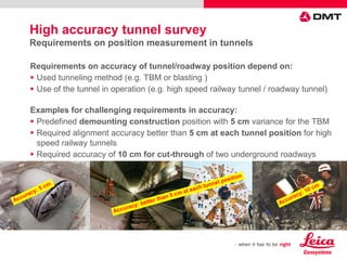 Requirements on accuracy of tunnel/roadway position depend on:
 Used tunneling method (e.g. TBM or blasting )
 Use of the tunnel in operation (e.g. high speed railway tunnel / roadway tunnel)
Examples for challenging requirements in accuracy:
 Predefined demounting construction position with 5 cm variance for the TBM
 Required alignment accuracy better than 5 cm at each tunnel position for high
speed railway tunnels
 Required accuracy of 10 cm for cut-through of two underground roadways
High accuracy tunnel survey
Requirements on position measurement in tunnels
 