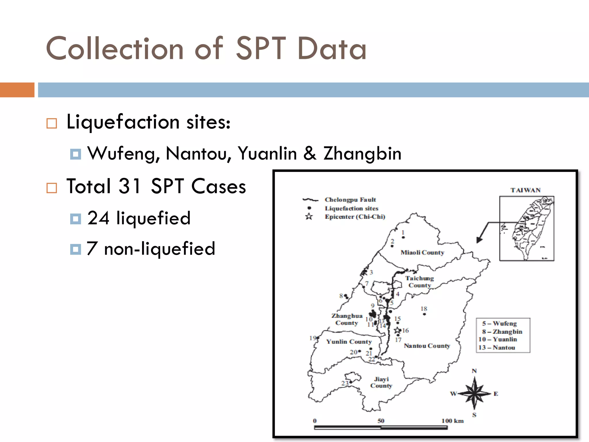 Collection of SPT Data
 Liquefaction sites:
 Wufeng, Nantou, Yuanlin & Zhangbin
 Total 31 SPT Cases
 24 liquefied
 7 non-liquefied
 