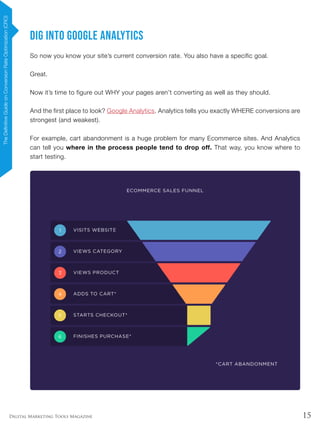 15Digital Marketing Tools Magazine
Dig Into Google Analytics
So now you know your site’s current conversion rate. You also have a specific goal.
Great.
Now it’s time to figure out WHY your pages aren’t converting as well as they should.
And the first place to look? Google Analytics. Analytics tells you exactly WHERE conversions are
strongest (and weakest).
For example, cart abandonment is a huge problem for many Ecommerce sites. And Analytics
can tell you where in the process people tend to drop off. That way, you know where to
start testing.
TheDefinitiveGuideonConversionRateOptimization(CRO)
 