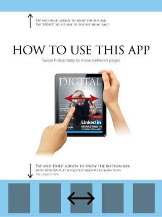 how to use this app
Tap and hold screen to show the top bar
Swipe horizontally to move between pages
Tap and Hold screen to show the bottom bar
Tap “HOME” to return to the App home page
Swipe horizontally to quickly navigate between pages
Tap a page to view
 