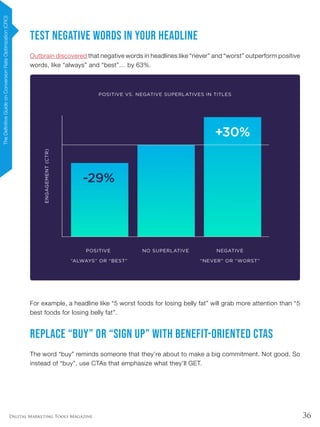 36Digital Marketing Tools Magazine
Test Negative Words In Your Headline
Outbrain discovered that negative words in headlines like “never” and “worst” outperform positive
words, like “always” and “best”… by 63%.
For example, a headline like “5 worst foods for losing belly fat” will grab more attention than “5
best foods for losing belly fat”.
Replace “Buy” or “Sign up” with Benefit-Oriented CTAs
The word “buy” reminds someone that they’re about to make a big commitment. Not good. So
instead of “buy”, use CTAs that emphasize what they’ll GET.
TheDefinitiveGuideonConversionRateOptimization(CRO)
 