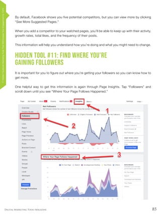 85Digital Marketing Tools Magazine
By default, Facebook shows you five potential competitors, but you can view more by clicking
“See More Suggested Pages.”
When you add a competitor to your watched pages, you’ll be able to keep up with their activity,
growth rates, total likes, and the frequency of their posts.
This information will help you understand how you’re doing and what you might need to change.
Hidden Tool #11: Find Where You’re
Gaining Followers
It is important for you to figure out where you’re getting your followers so you can know how to
get more.
One helpful way to get this information is again through Page Insights. Tap “Followers” and
scroll down until you see “Where Your Page Follows Happened.”
17HiddenFacebookMarketingToolsThatWillIncreaseYourEngagementby154%
 