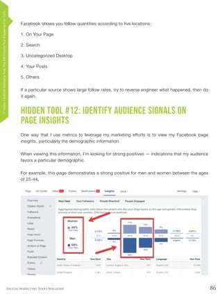 86Digital Marketing Tools Magazine
Facebook shows you follow quantities according to five locations:
1.	On Your Page
2.	Search
3.	Uncategorized Desktop
4.	Your Posts
5.	Others
If a particular source shows large follow rates, try to reverse engineer what happened, then do
it again.
Hidden Tool #12: Identify Audience Signals on
Page Insights
One way that I use metrics to leverage my marketing efforts is to view my Facebook page
insights, particularly the demographic information.
When viewing this information, I’m looking for strong positives — indications that my audience
favors a particular demographic.
For example, this page demonstrates a strong positive for men and women between the ages
of 25-44.
17HiddenFacebookMarketingToolsThatWillIncreaseYourEngagementby154%
 