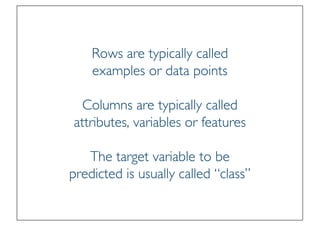 Prof. Pier Luca Lanzi
Rows are typically called
examples or data points
Columns are typically called
attributes, variables or features
The target variable to be
predicted is usually called “class”
 