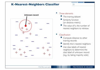 Prof. Pier Luca Lanzi
K-Nearest-Neighbors Classifier
• Three elements
§ The training dataset
§ Similarity function
(or distance metric)
§ The value of k, the number of
nearest neighbors to retrieve
• Classification
§ Compute distance to other
training records
§ Identify the k nearest neighbors
§ Use class labels of nearest
neighbors to determine the
class label of unknown record
(e.g., by taking majority vote)
33
Unknown record
 
