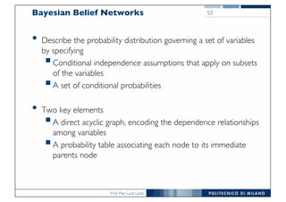 Prof. Pier Luca Lanzi
Bayesian Belief Networks
• Describe the probability distribution governing a set of variables
by specifying
§Conditional independence assumptions that apply on subsets
of the variables
§A set of conditional probabilities
• Two key elements
§A direct acyclic graph, encoding the dependence relationships
among variables
§A probability table associating each node to its immediate
parents node
53
 